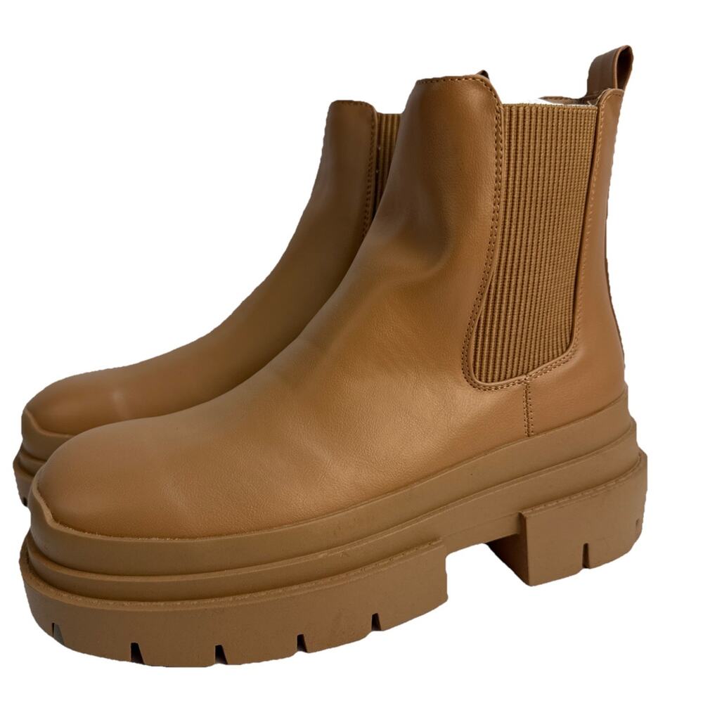 Topshop Boots Womens Sz 10/41 Tan Chelsea Chunky Platform Lug Sole Pull On NWOB